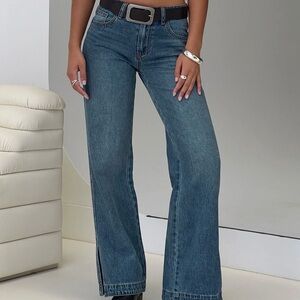 Princess Polly Mid Rise Straight Leg Jeans Dark Blue Wash